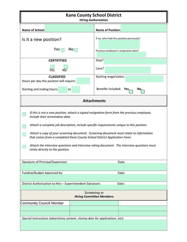Kane County School District Hiring Authorization screenshot