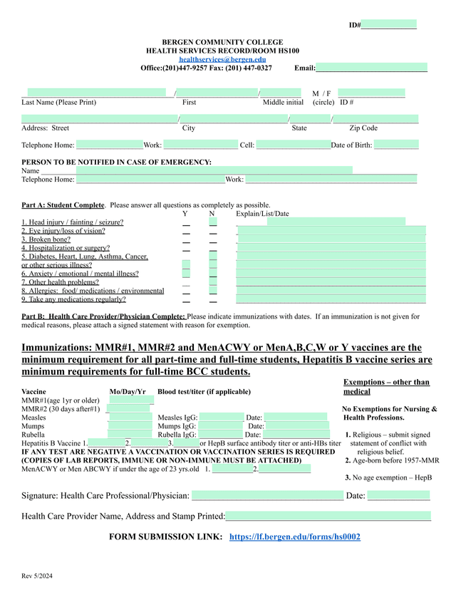 Bergen Community College Health Services Record screenshot