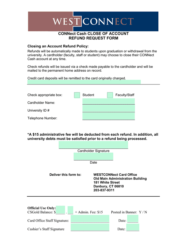 CONNect Cash CLOSE OF ACCOUNT REFUND REQUEST FORM screenshot