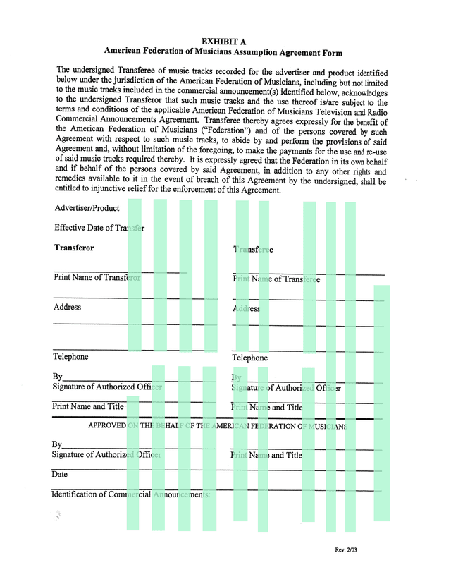 American Federation Of Musicians Assumption Agreement Form screenshot