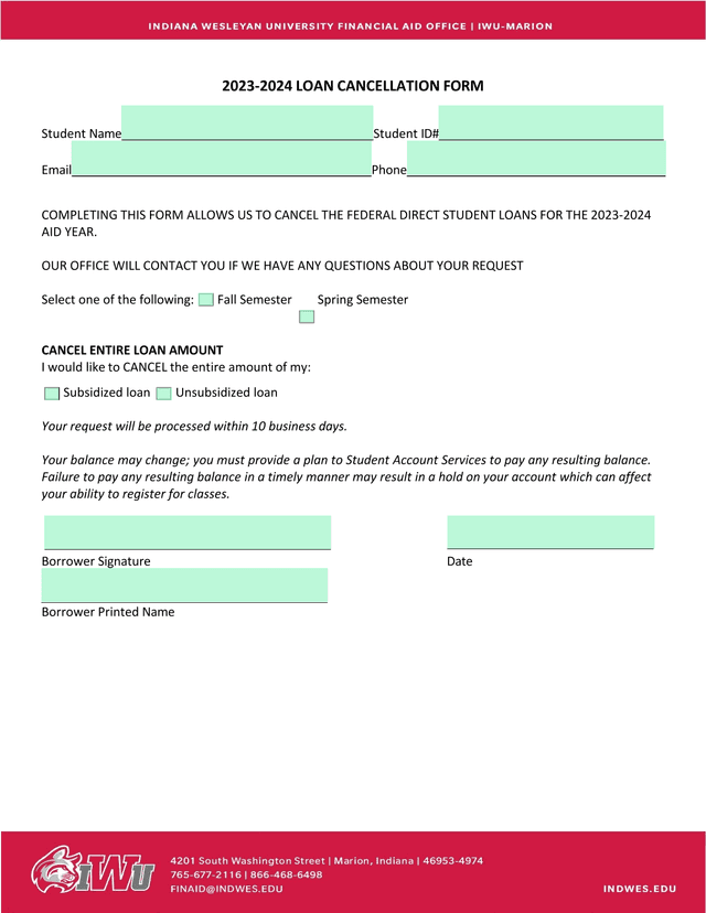 2023 2024 LOAN CANCELLATION FORM screenshot