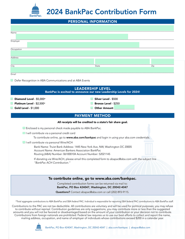 2024 BankPac Contribution Form screenshot