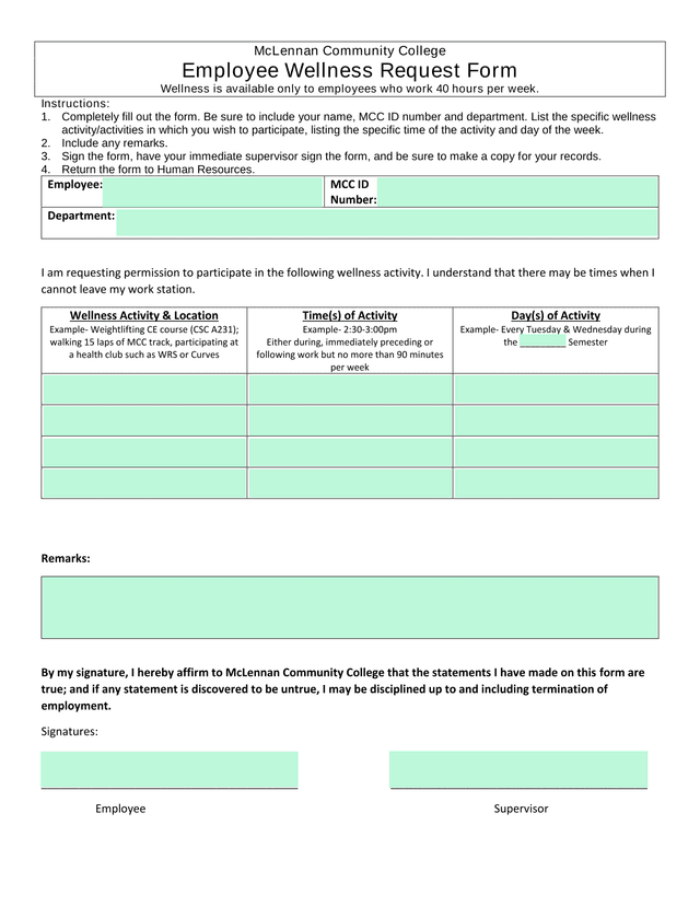 Employee Wellness Request Form screenshot