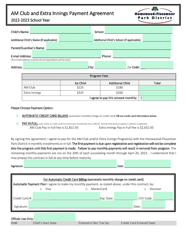 AM Club And Extra Innings Payment Agreement screenshot