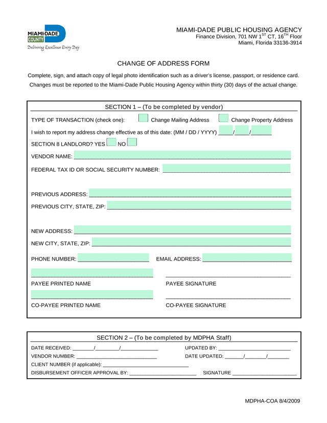Change Of Address Form screenshot