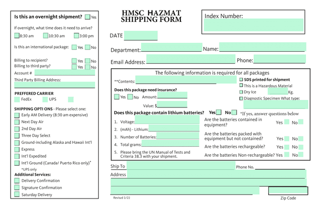HMSC HAZMAT Shipping Form screenshot