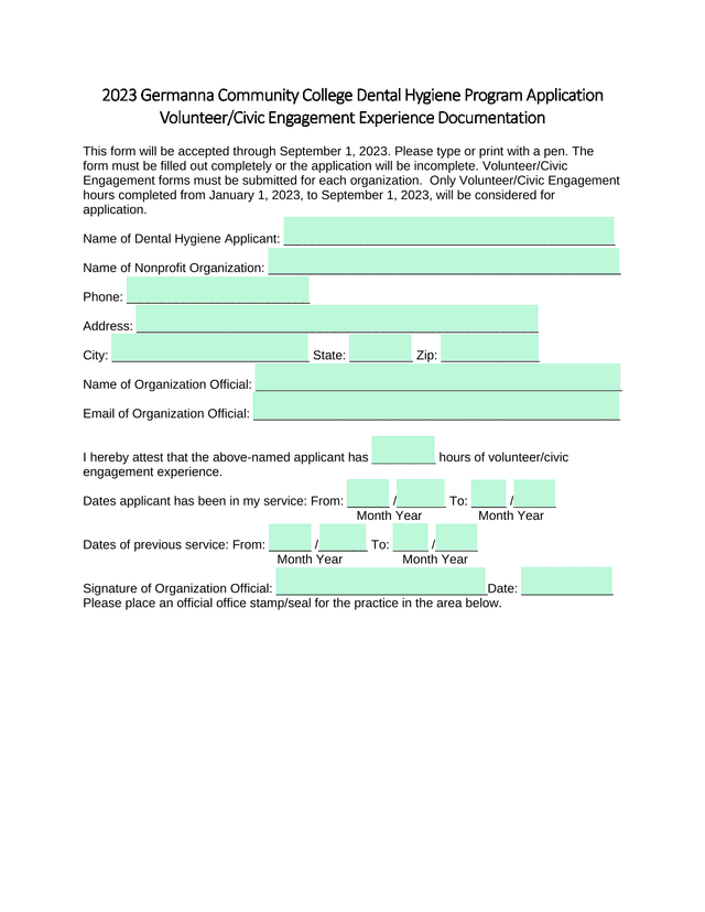 2023 Germanna Community College Dental Hygiene Program Application VolunteerCivic Engagement Experie screenshot