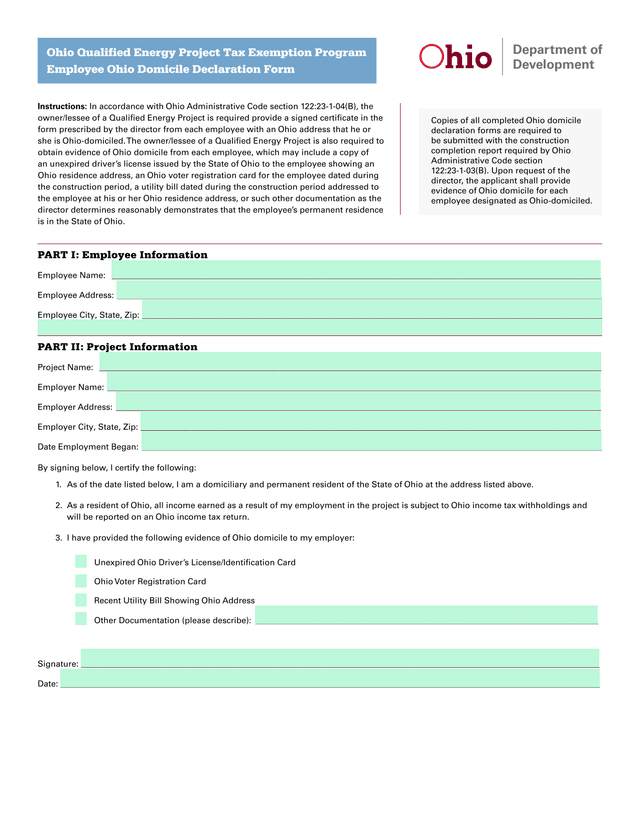 Ohio Qualified Energy Project Tax Exemption Program Employee Ohio Domicile Declaration Form screenshot