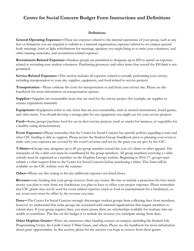 Center For Social Concern Budget Form Instructions And Definitions screenshot