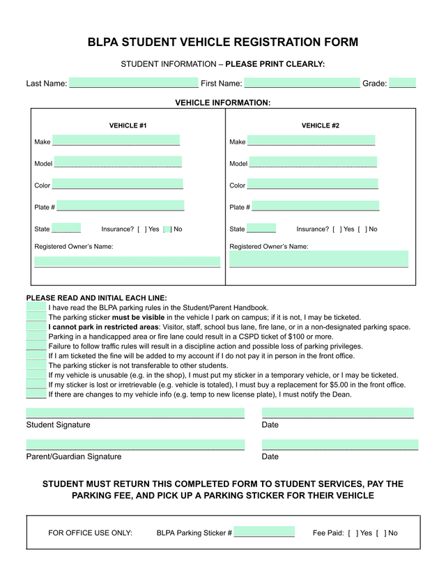BLPA STUDENT VEHICLE REGISTRATION FORM screenshot