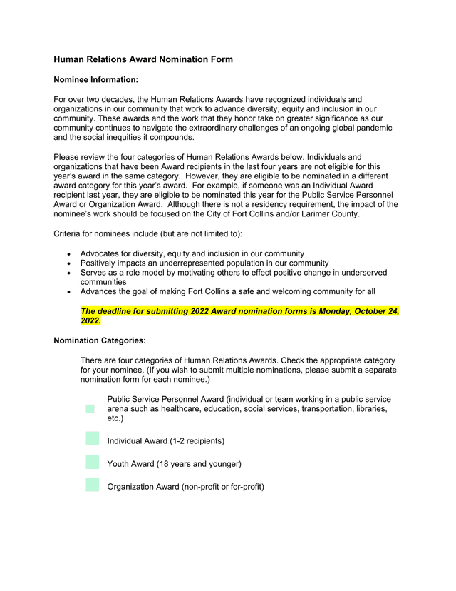 Human Relations Award Nomination Form screenshot