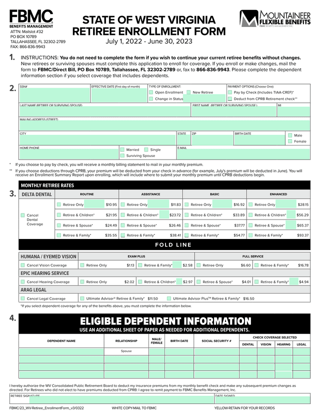 Retiree Benefits Enrollment Form screenshot