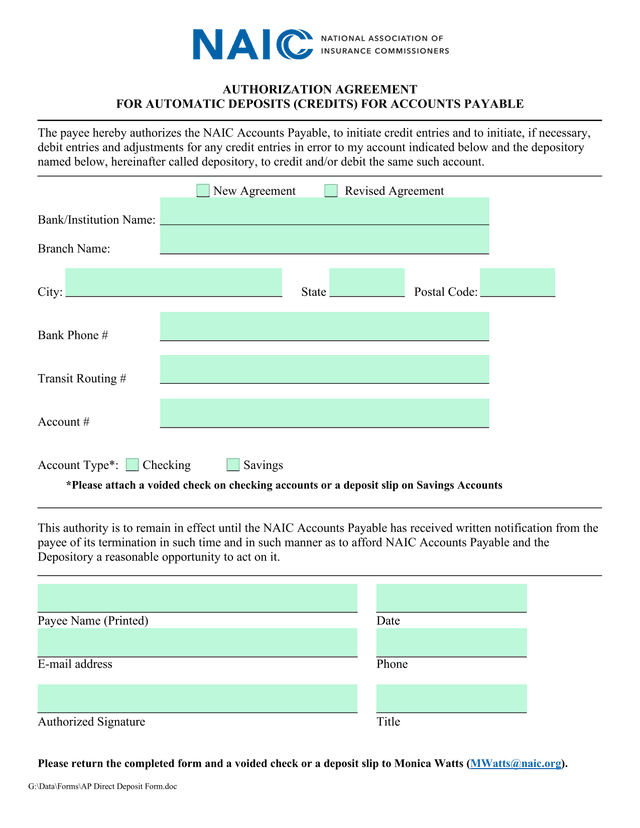 Authorization Agreement For Automatic Deposits (Credits) For Accounts Payable screenshot