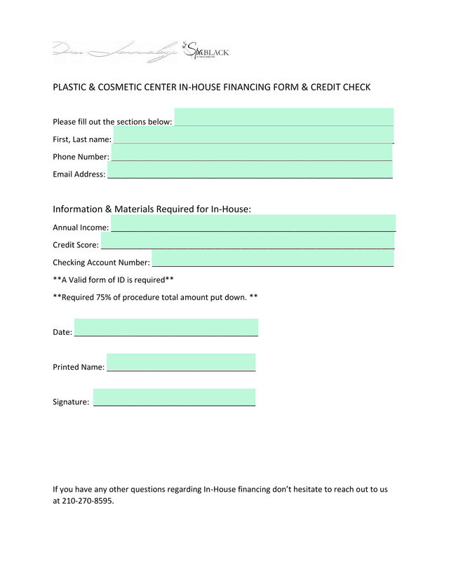 PLASTIC  COSMETIC CENTER IN HOUSE FINANCING FORM  CREDIT CHECK screenshot