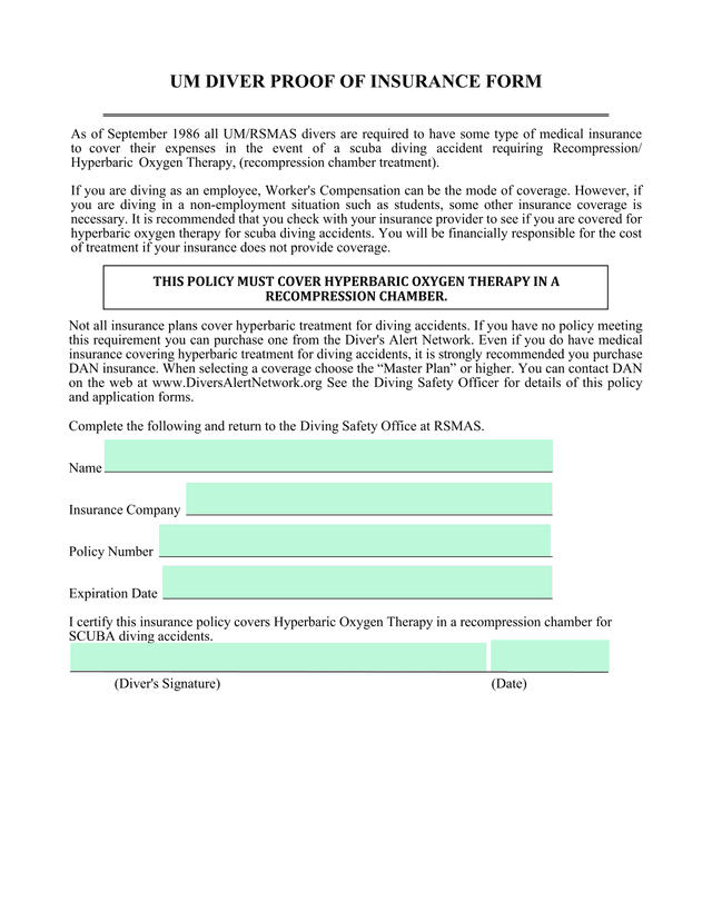 UM Diver Proof Of Insurance Form screenshot
