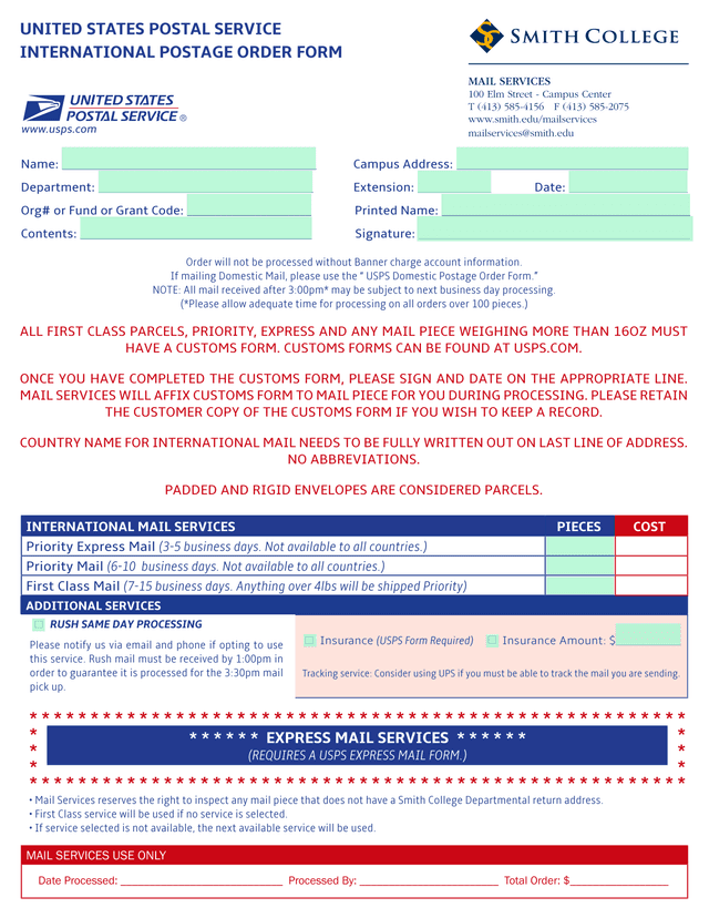 United States Postal Service International Postage Order Form screenshot