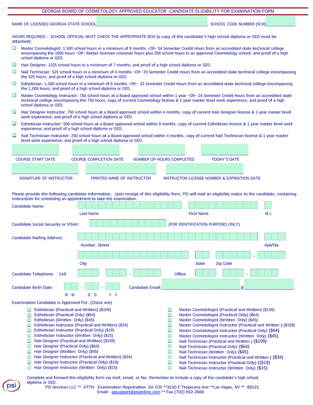 Georgia Board Of Cosmetology Approved Educator  Candidate Eligibility For Examination Form screenshot