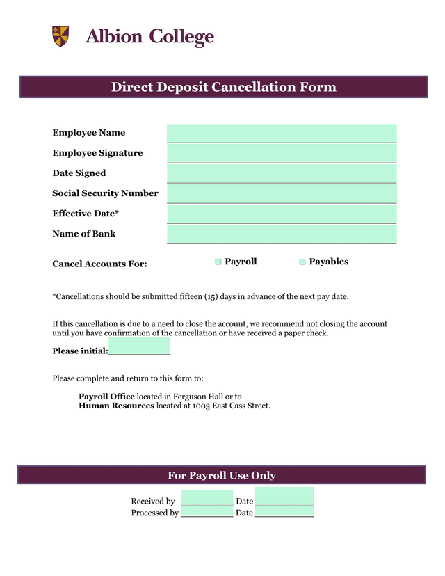 Direct Deposit Cancellation Form screenshot