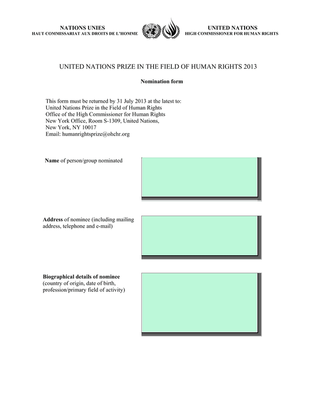United Nations Prize In The Field Of Human Rights 2013 Nomination Form screenshot