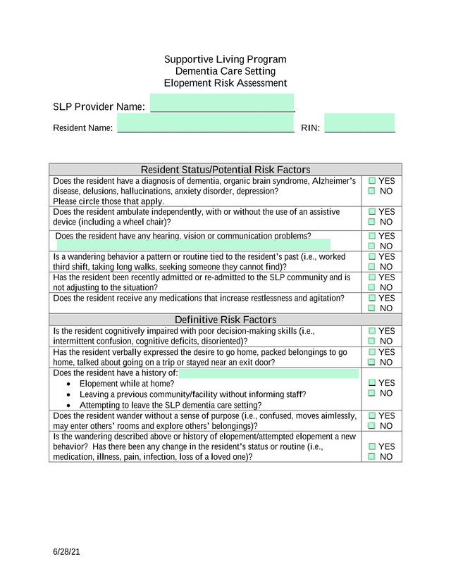 Elopement Risk Assessment screenshot