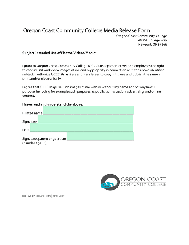 Oregon Coast Community College Media Release Form screenshot