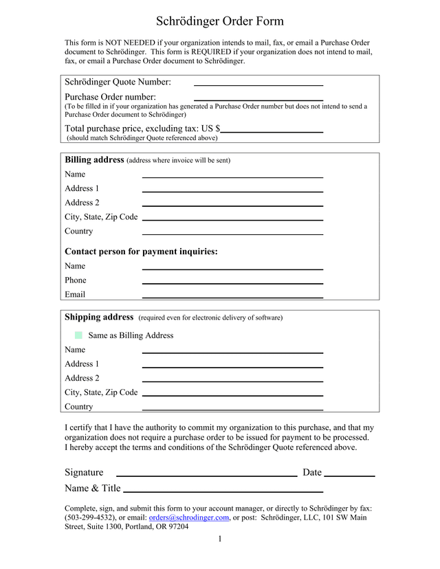 Schrdinger Order Form screenshot