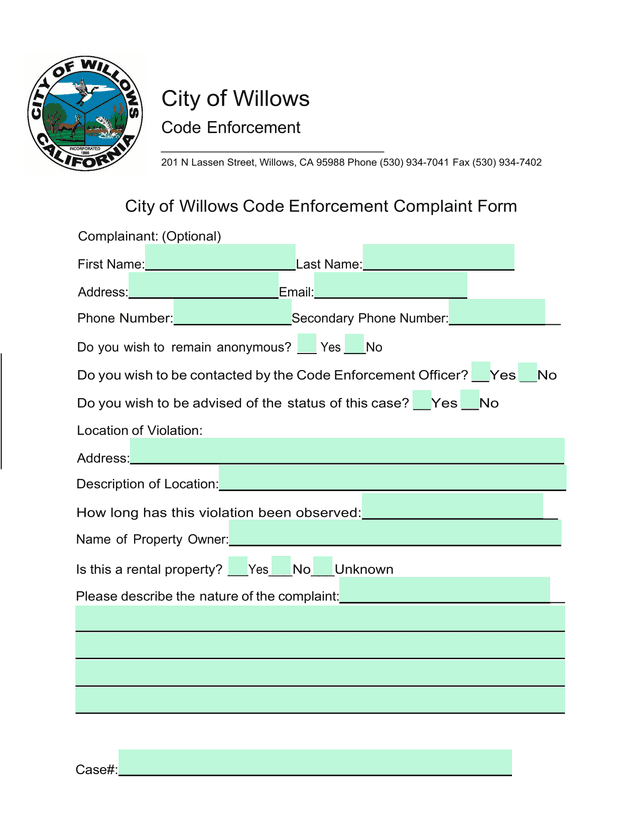 City Of Willows Code Enforcement Complaint Form screenshot