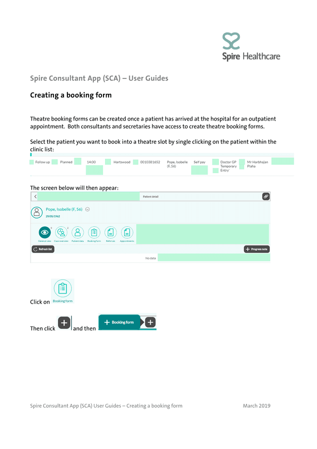 Spire Consultant App (SCA) User Guides  Creating A Booking Form screenshot