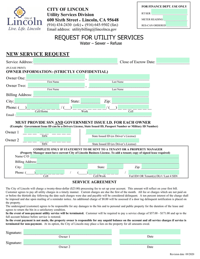 REQUEST FOR UTILITY SERVICES screenshot