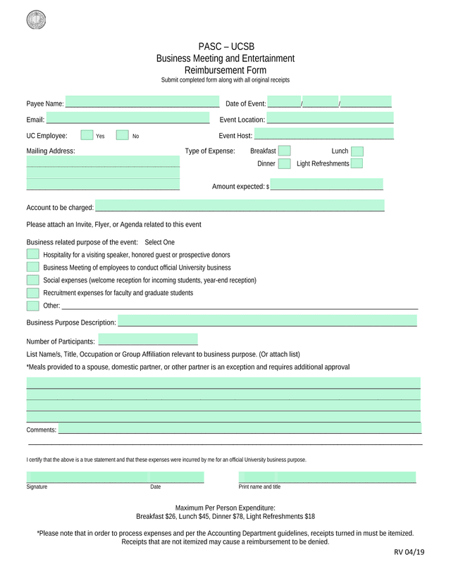 PASC  UCSB Business Meeting And Entertainment Reimbursement Form screenshot