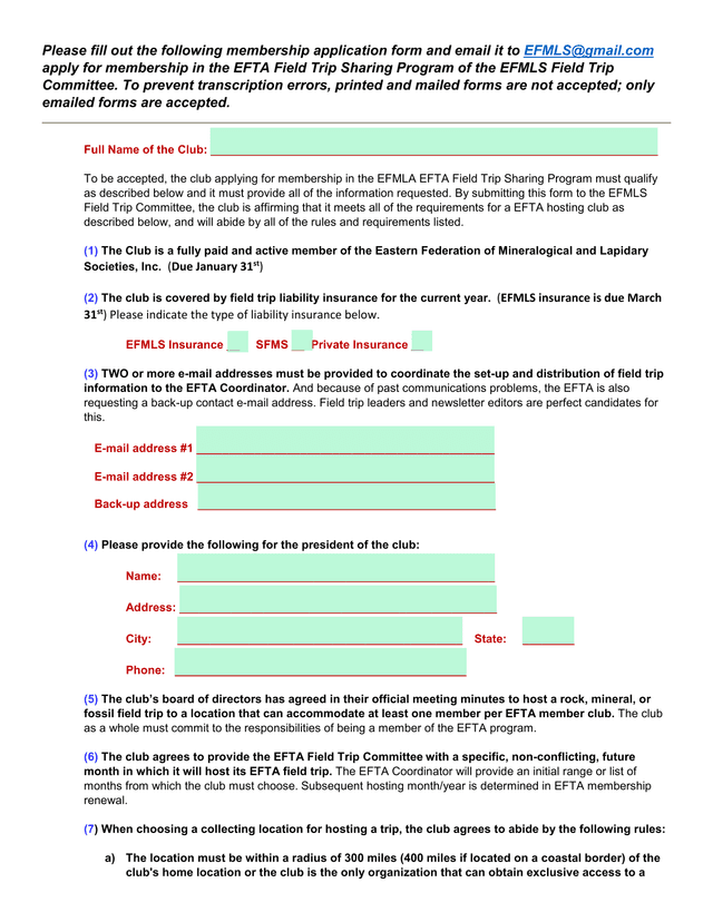 EFTA Field Trip Sharing Program Membership Application screenshot