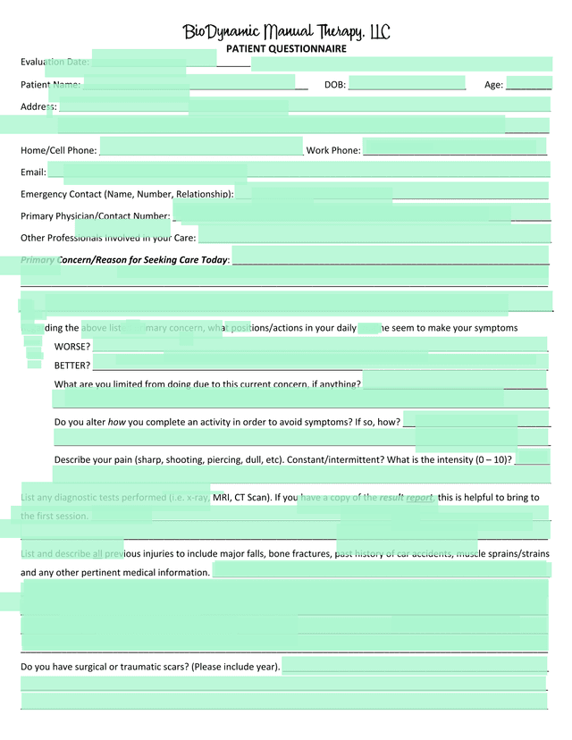 BioDynamic Manual Therapy, LLC   Patient Questionnaire screenshot