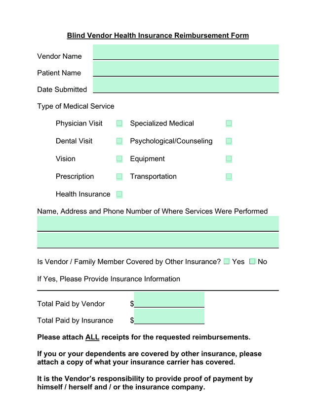 Blind Vendor Health Insurance Reimbursement Form screenshot