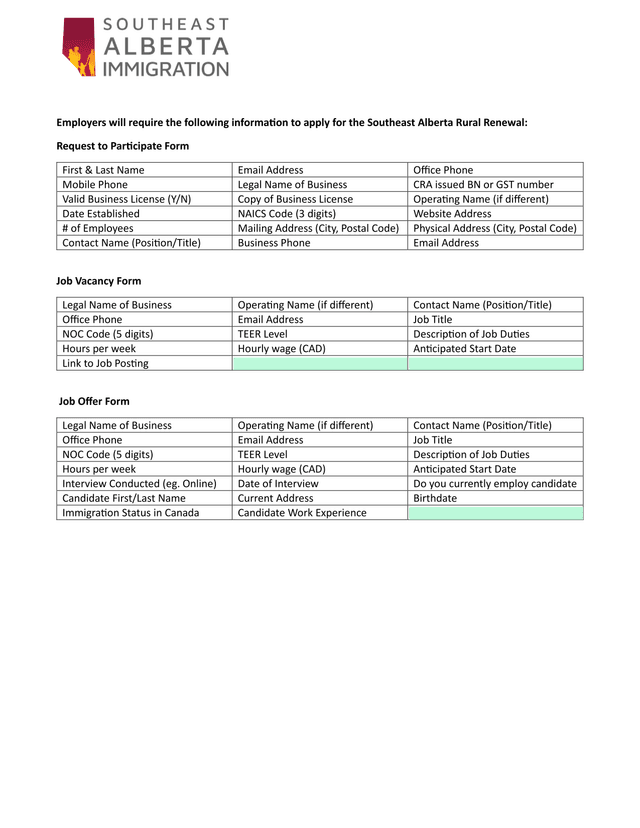 Southeast Alberta Rural Renewal Request To Participate Form screenshot