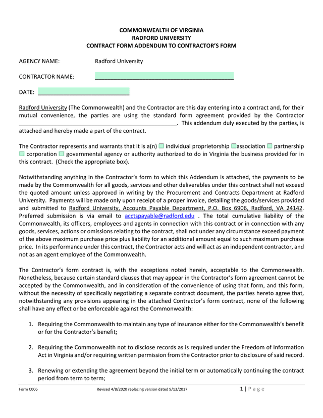 Form C006   Contract Form Addendum To ContractorS Form screenshot