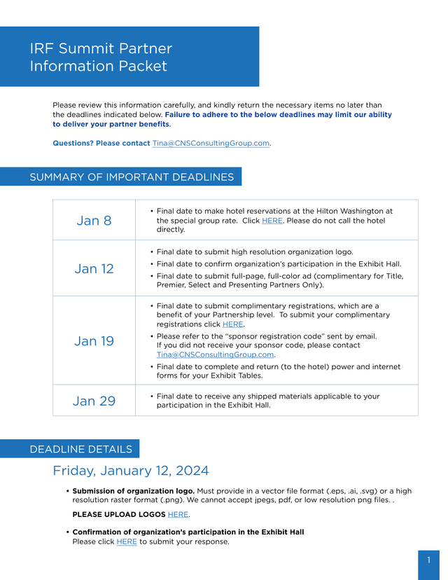IRF Summit Partner Information Packet screenshot