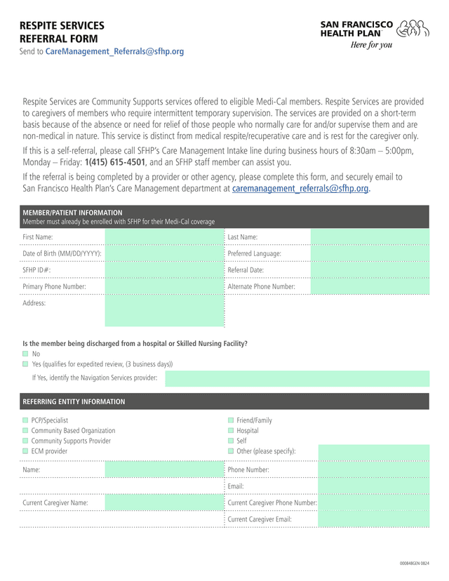 RESPITE SERVICES REFERRAL FORM screenshot