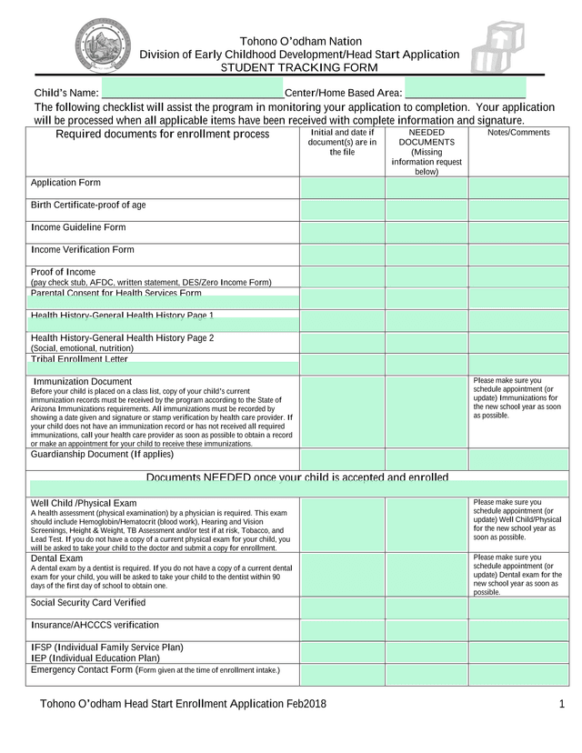 Tohono OOdham Head Start Enrollment Application screenshot
