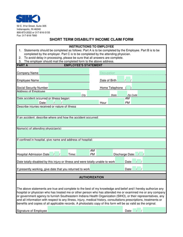 Short Term Disability Income Claim Form screenshot