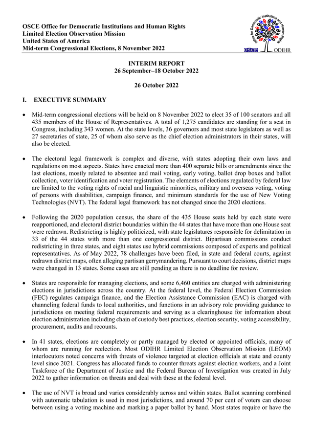 OSCE Election Observation Mission Interim Report   United States Mid Term Congressional Elections screenshot