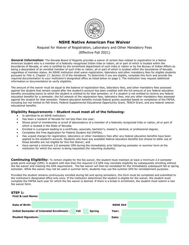 NSHE Native American Fee Waiver Request For Waiver Of Registration, Laboratory And Other Mandatory F screenshot