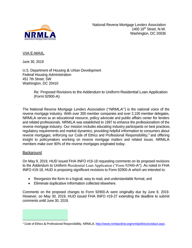 NRMLA Comments On Proposed Revisions To Addendum To Uniform Residential Loan Application (Form 92900 screenshot