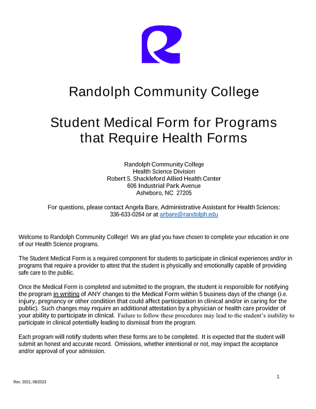 Student Medical Form For Programs That Require Health Forms screenshot