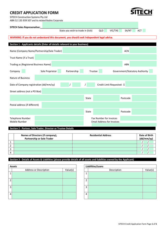 SITECH Credit Application Form screenshot