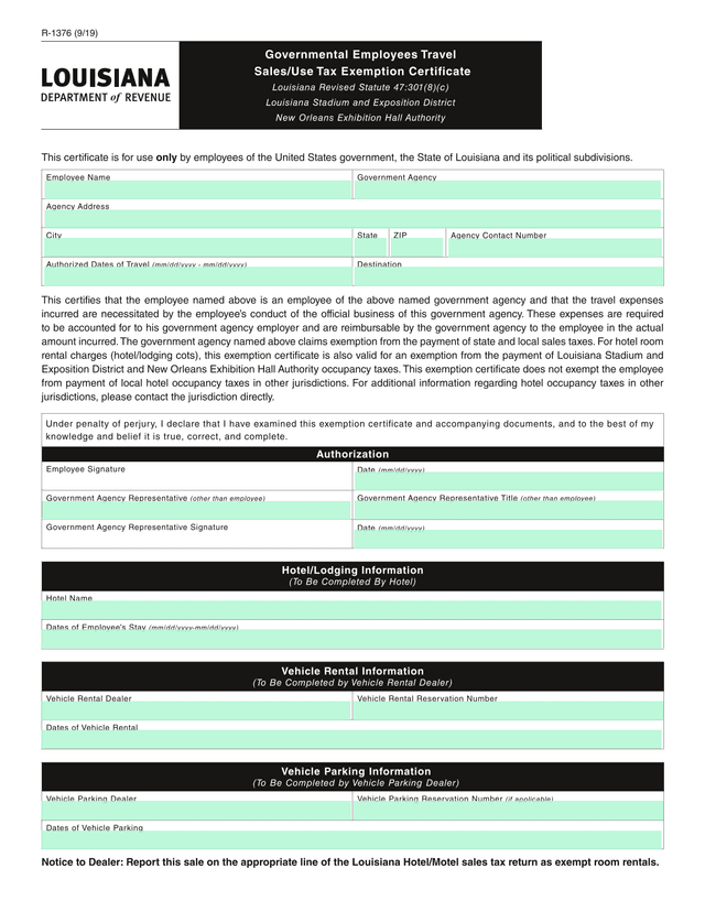 Governmental Employees Travel SalesUse Tax Exemption Certificate screenshot