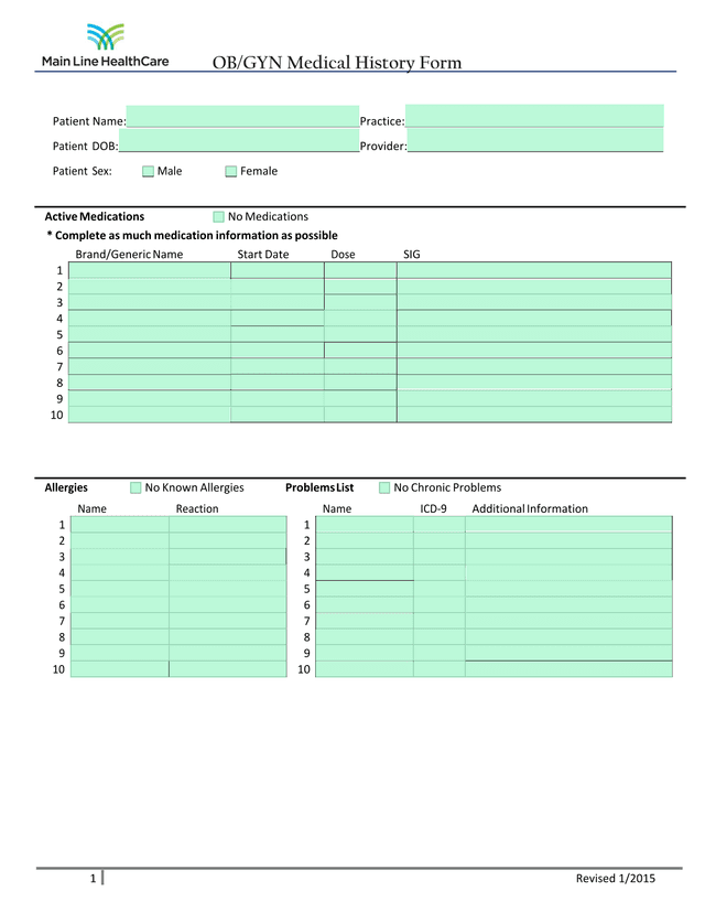OBGYN Medical History Form screenshot