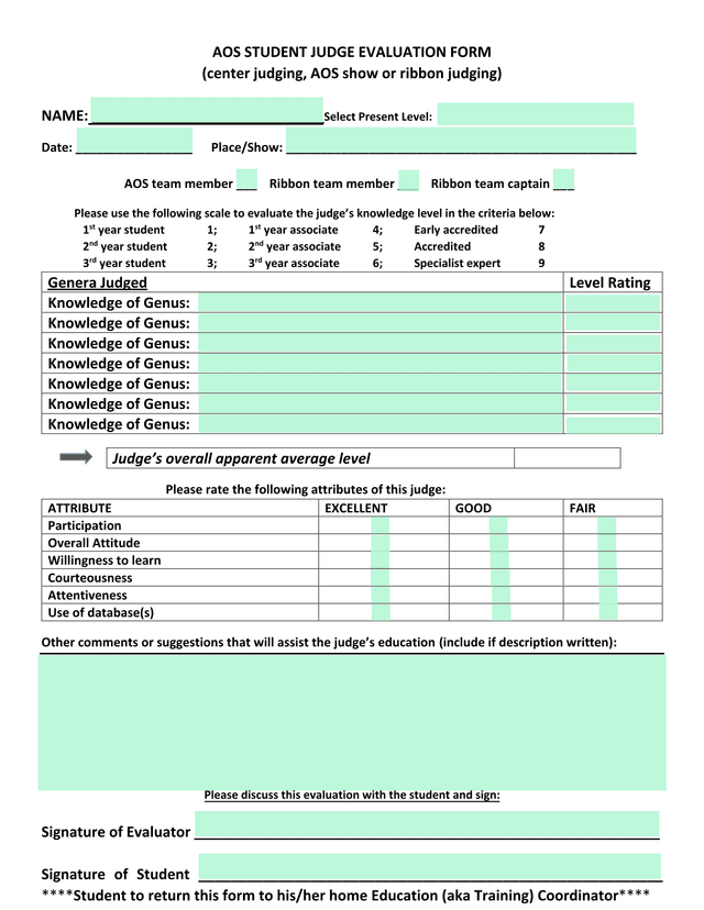 AOS Student Judge Evaluation Form screenshot