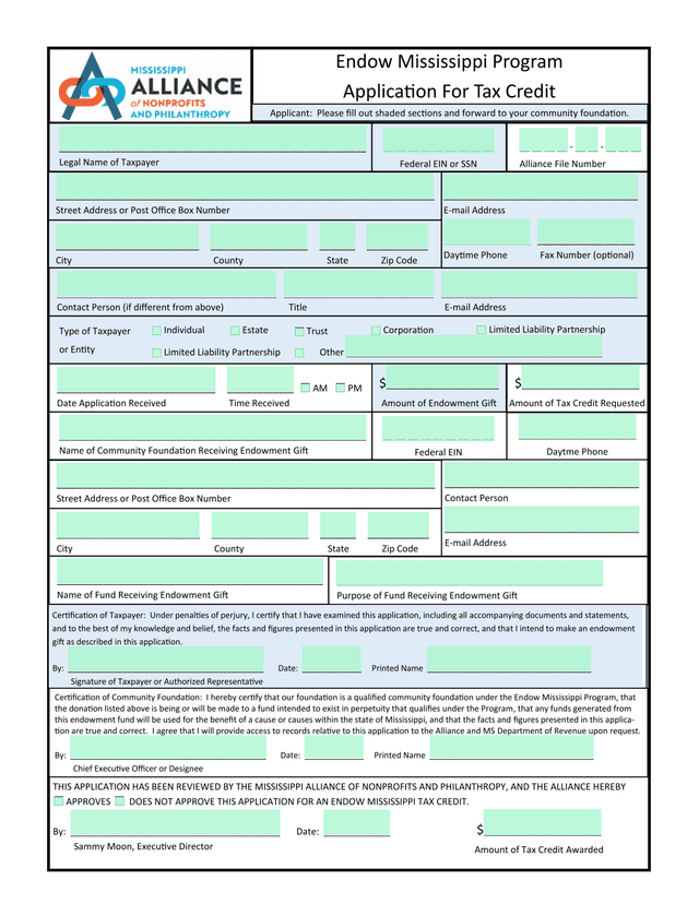 Endow Mississippi Program Application For Tax Credit screenshot