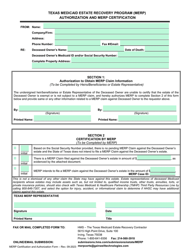 Texas Medicaid Estate Recovery Program (MERP) Authorization And Certification Form screenshot