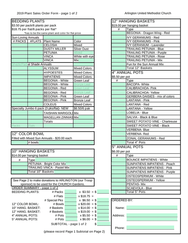 2019 Plant Sales Order Form screenshot
